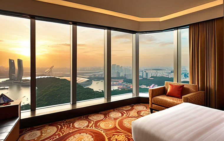 **
Prompt: Luxurious hotel room, high floor, panoramic city view, sunrise, Marina Bay Sands, Singapore, warm colors, modern interior, large windows, early morning light.
**