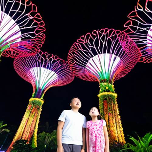 A family (parents and two children) stands in awe, looking up at the illuminated Supertrees during the "Garden Rhapsody" light show at Gardens by the Bay in Singapore. The scene is magical and futuristic, with vibrant colors, lush tropical plants, and a sense of wonder. The children's faces reflect pure amazement.