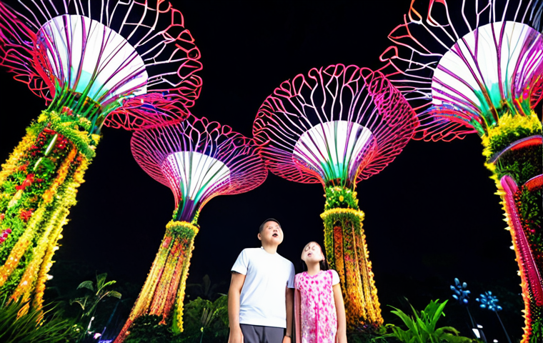 A family (parents and two children) stands in awe, looking up at the illuminated Supertrees during the "Garden Rhapsody" light show at Gardens by the Bay in Singapore. The scene is magical and futuristic, with vibrant colors, lush tropical plants, and a sense of wonder. The children's faces reflect pure amazement.