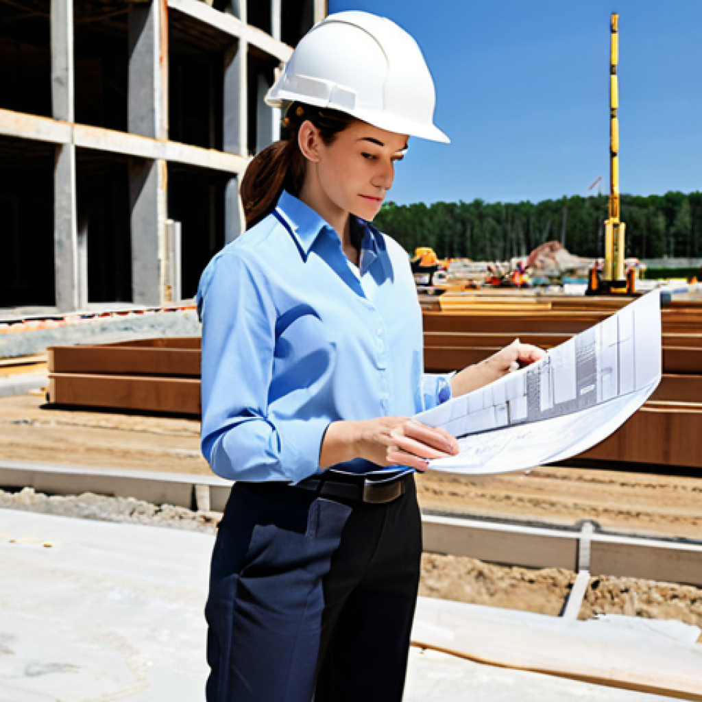 **

"A professional female architect in a modest business casual outfit (blouse and slacks), standing on a construction site reviewing blueprints, hard hat on, fully clothed, safe for work, appropriate content, family-friendly, professional, perfect anatomy, correct proportions, well-formed hands, natural body proportions, bright daylight, construction equipment in the background, modern architecture under construction."

**