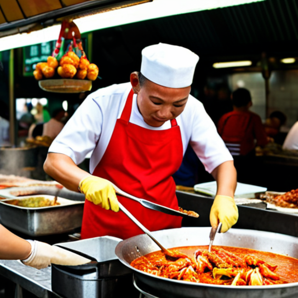 **

"A bustling hawker center in Singapore at lunchtime. Focus on a food stall selling Chili Crab. The chef, wearing a clean apron, expertly tosses the crab in a wok filled with a rich, red sauce. Customers are happily enjoying the dish. Capture the vibrant atmosphere with colorful stalls, steam rising from the food, and lots of people. Safe for work, professional food photography, high quality, appropriate content, fully clothed individuals, natural lighting, Singaporean street food scene."

**