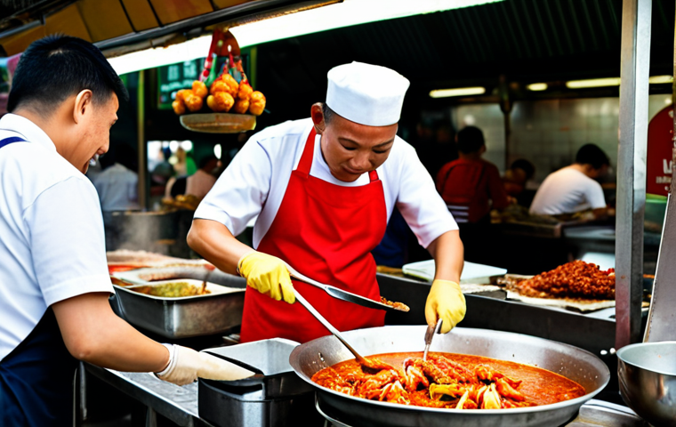 **

"A bustling hawker center in Singapore at lunchtime. Focus on a food stall selling Chili Crab. The chef, wearing a clean apron, expertly tosses the crab in a wok filled with a rich, red sauce. Customers are happily enjoying the dish. Capture the vibrant atmosphere with colorful stalls, steam rising from the food, and lots of people. Safe for work, professional food photography, high quality, appropriate content, fully clothed individuals, natural lighting, Singaporean street food scene."

**