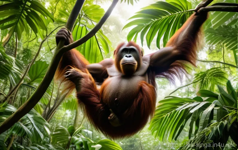 싱가포르 국립 동물원 - Image Prompt 1: Free-Ranging Orangutan in Lush Rainforest**