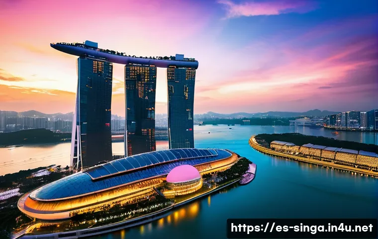 싱가포르에서 사진 찍기 좋은 곳 - **"A breathtaking panoramic view of the iconic Marina Bay Sands at sunset in Singapore. The futurist...