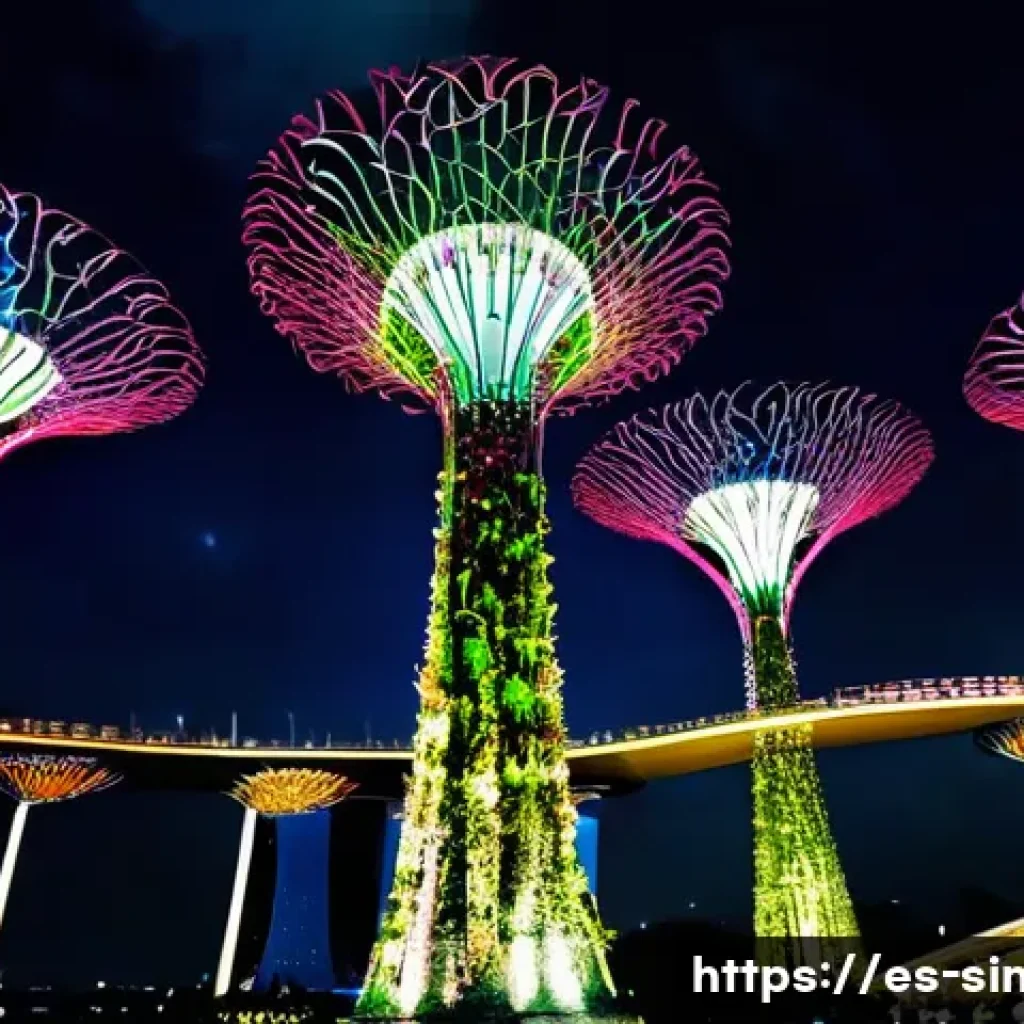 싱가포르 도보 여행 코스 - Futuristic Night Walk at Gardens by the Bay**

"A breathtaking, cinematic long-shot photograph of Si...