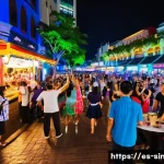 싱가포르 길거리 공연 - A lively street scene in Clarke Quay, Singapore, showcasing diverse street performers including a ja...