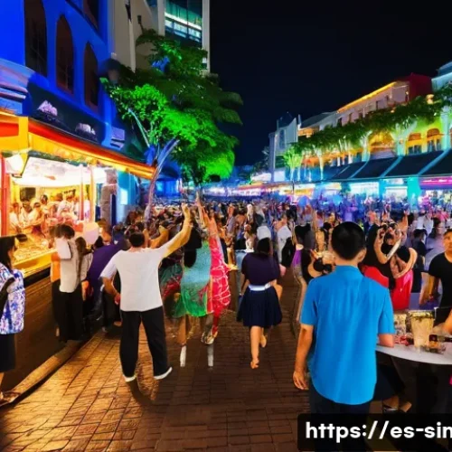 싱가포르 길거리 공연 - A lively street scene in Clarke Quay, Singapore, showcasing diverse street performers including a ja...