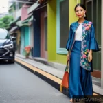 싱가포르의 전통 의상 - A young Singaporean woman wearing a modernized Baju Kurung with asymmetrical cuts and vibrant digita...
