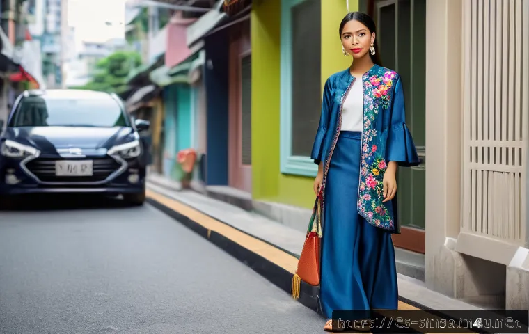 싱가포르의 전통 의상 - A young Singaporean woman wearing a modernized Baju Kurung with asymmetrical cuts and vibrant digita...