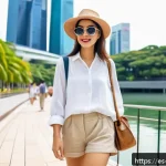 싱가포르 여행 체크리스트 - A stylish traveler exploring the tropical city of Singapore during the day, wearing light, breathabl...