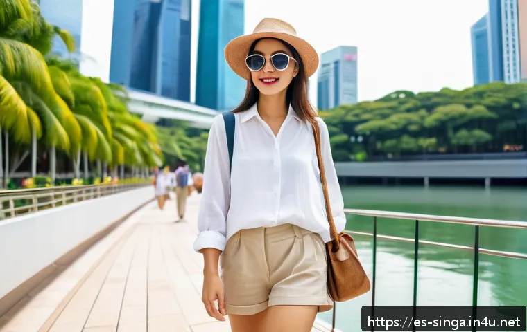 싱가포르 여행 체크리스트 - A stylish traveler exploring the tropical city of Singapore during the day, wearing light, breathabl...