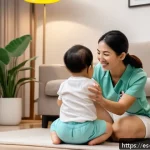 싱가포르 베이비시터 서비스 - A professional nanny interacting warmly with a young toddler wearing a diaper in a cozy, well-lit Si...