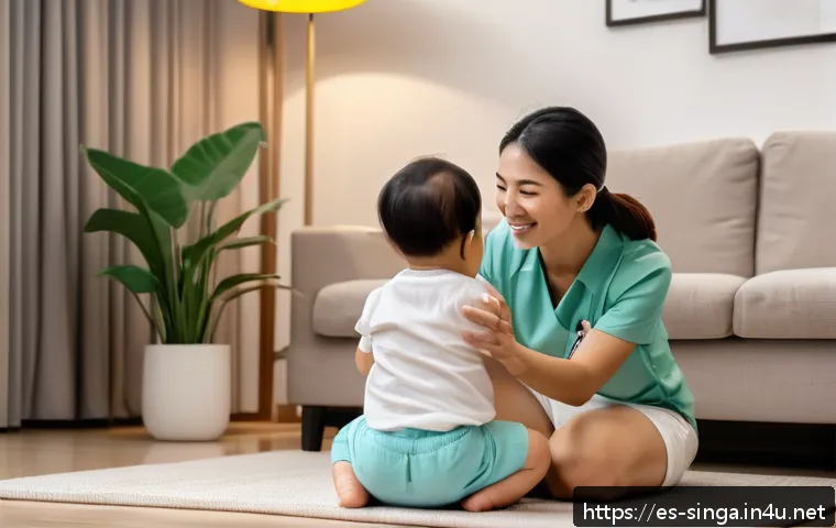 싱가포르 베이비시터 서비스 - A professional nanny interacting warmly with a young toddler wearing a diaper in a cozy, well-lit Si...