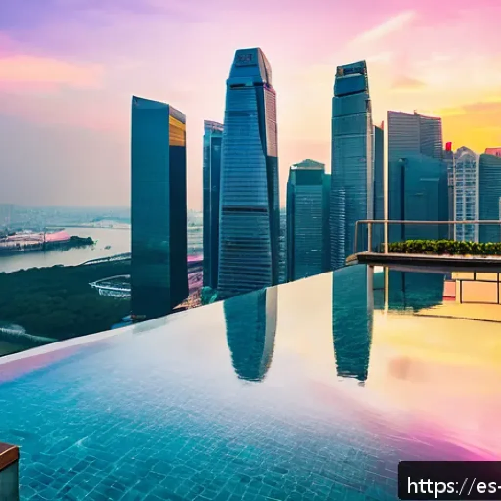 싱가포르 마리나 수영장 후기 - A luxurious rooftop infinity pool at Marina Bay Sands in Singapore during sunset, showing a panorami...
