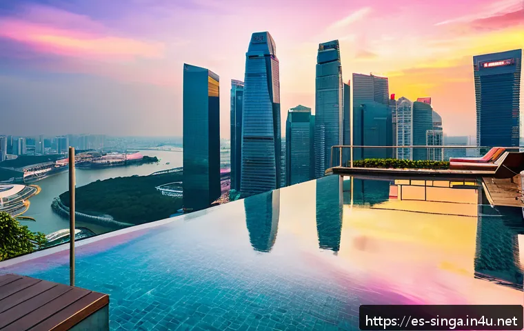 싱가포르 마리나 수영장 후기 - A luxurious rooftop infinity pool at Marina Bay Sands in Singapore during sunset, showing a panorami...