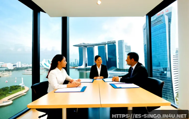 싱가포르 법률 사무소 - Photorealistic Singapore law office consultation, a Spanish-speaking professional couple meeting a d...