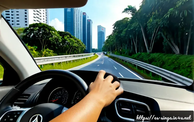 싱가포르에서 운전하는 방법 - Photorealistic view from inside a modern right-hand-drive car on a clean Singapore urban road, drive...