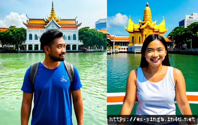싱가포르와 태국 여행 비교 - Photorealistic split-scene travel comparison, left side Singapore waterfront with Marina Bay skyline...