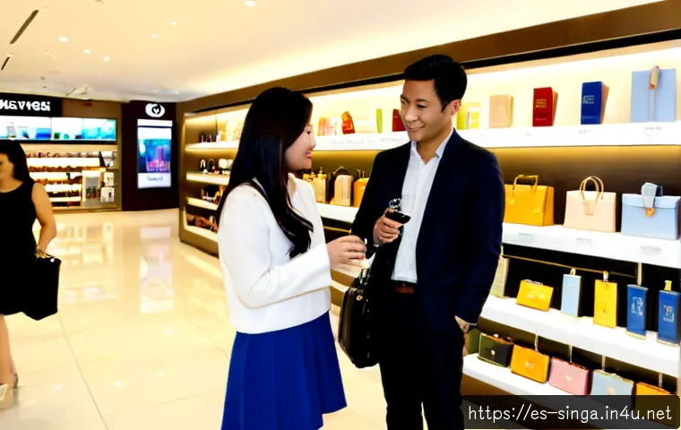 Home 17 싱가포르 면세 쇼핑 - Photorealistic Singapore airport duty-free shopping scene, Spanish couple travelers comparing elegan...