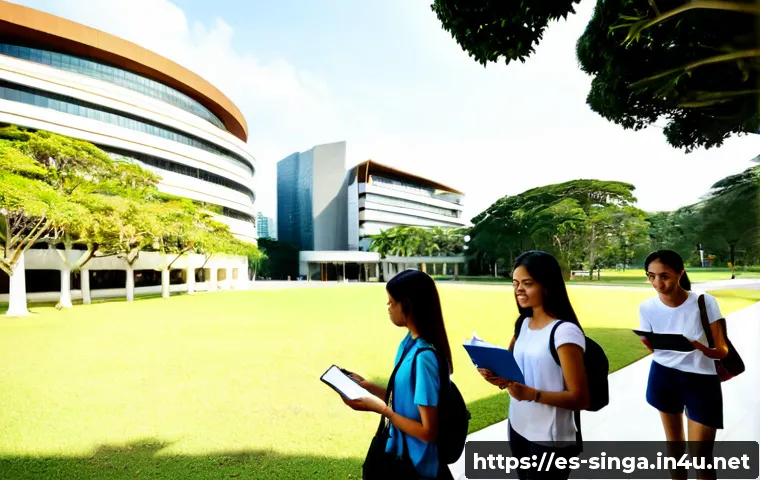 싱가포르 대학 랭킹 - Photorealistic wide-angle scene of diverse Spanish-speaking students touring a prestigious modern Si...